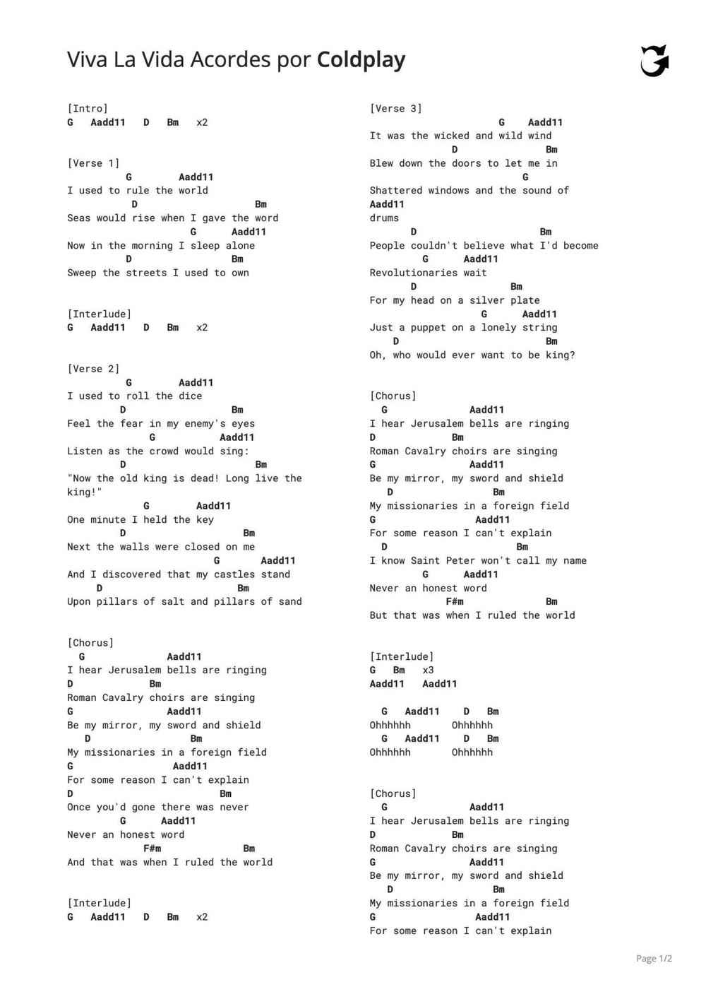 viva la vida leadsheet